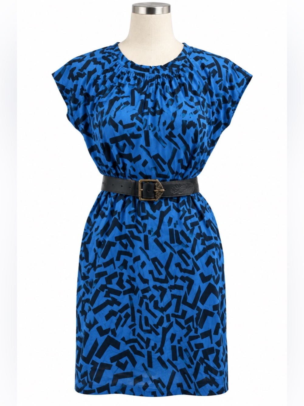Vajila Blue and Black Abstract Print Women’s Shift Dress 80’s Vibe Small